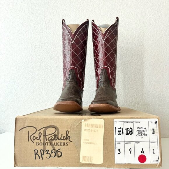 Rod Patrick Mens Cowboy Boots 9A Brown Mocha Bison Red Top Square Toe Western - Picture 12 of 13